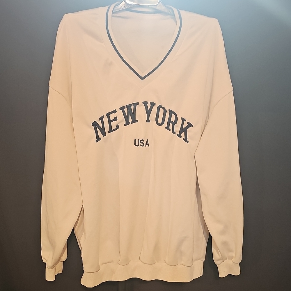 SHEIN White V-Neck Sweater with New York USA Print